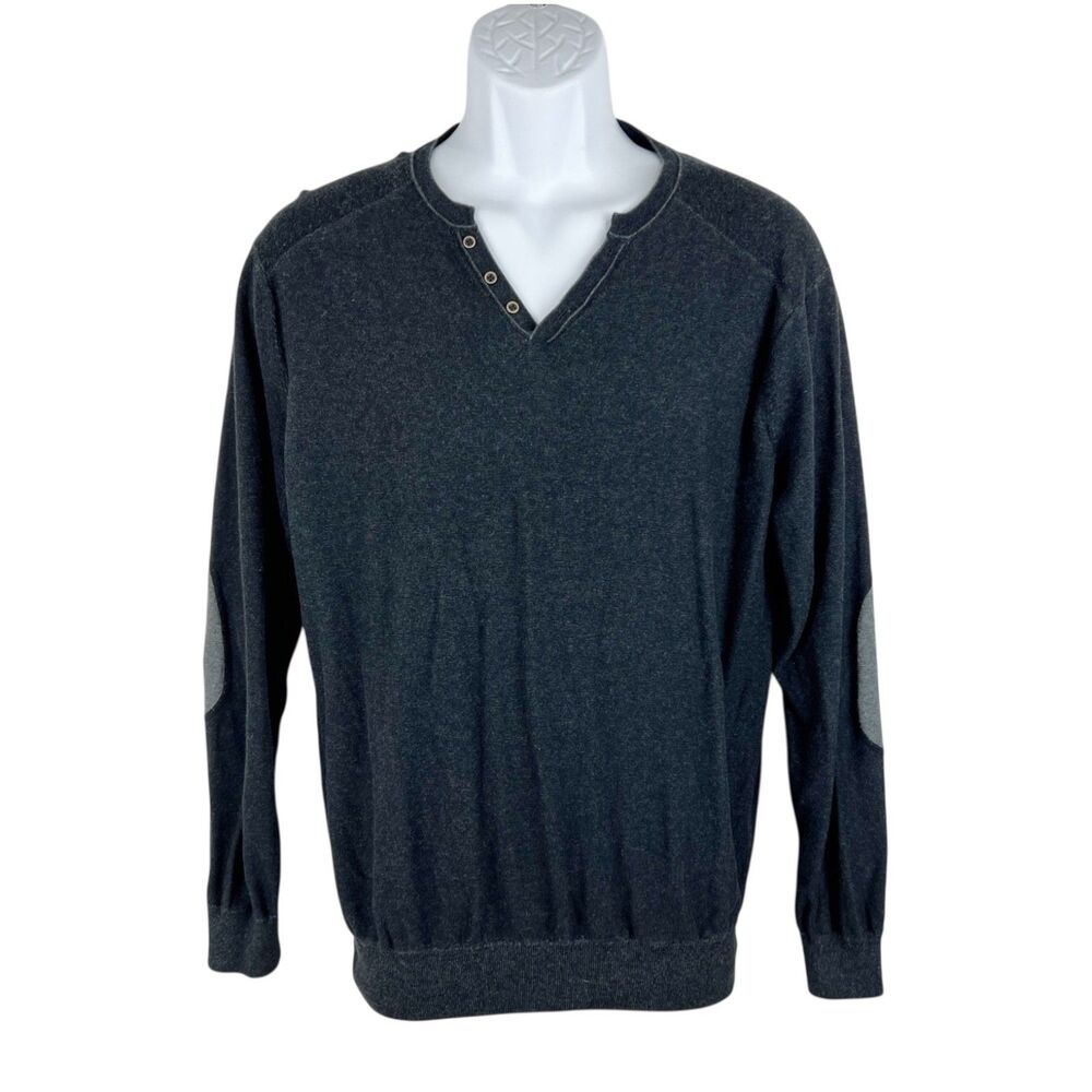 Raffi Sweater Men Large Grey Henley Elbow Patch Knit Casual Pullover Lightweight